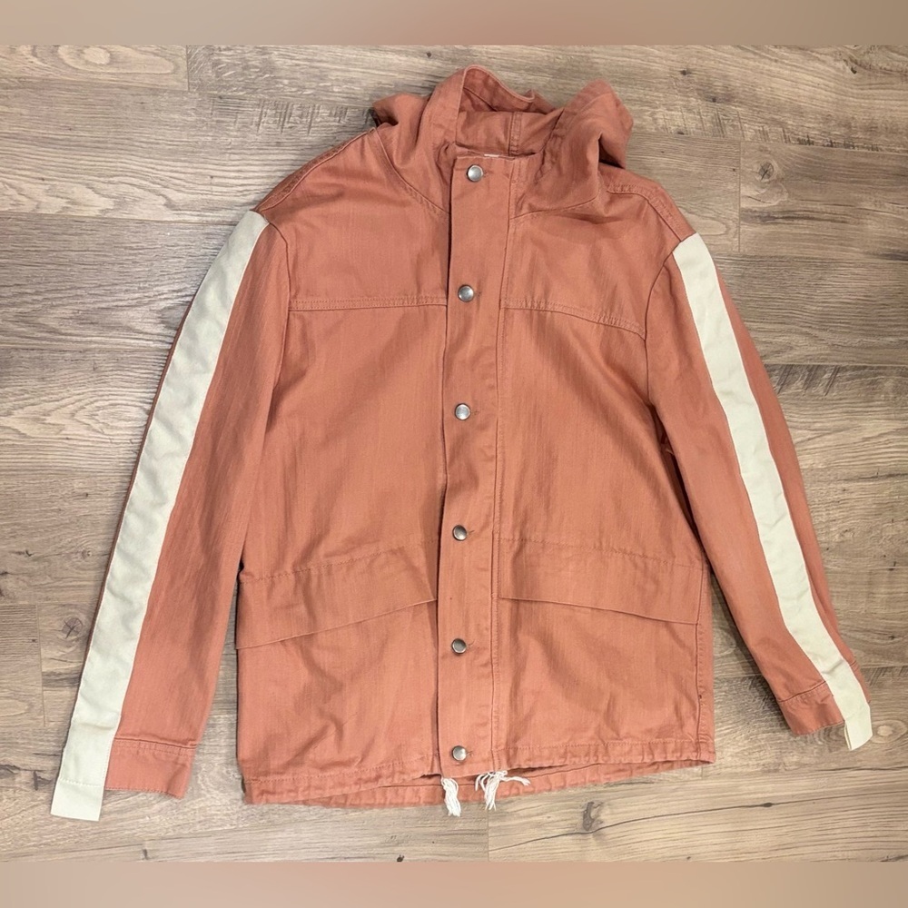 Elwood Denim Trench / Utility Jacket with Stripe Sleeves
Size: XL